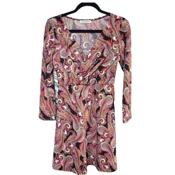 Avital vneck faux wrap mini dress paisley print retro vibes M/S red black - Picture 1 of 7